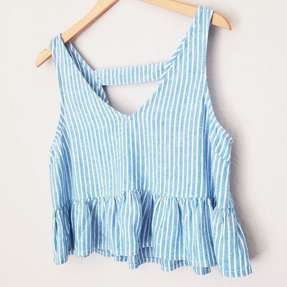 Abound Linen Blend Crop Top S Blue White Striped Peplum Crop Ruffle Sleeveless - Picture 2 of 14